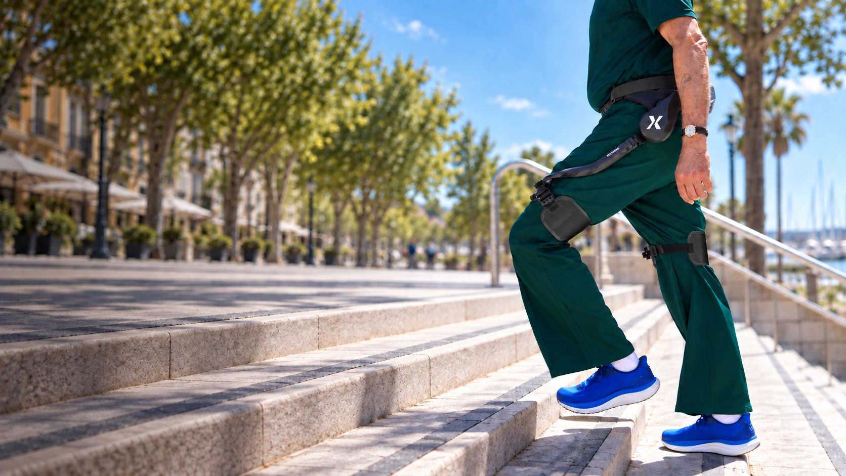 Exosquelette ExoBlue V-X1 porté pour monter des marches en extérieur